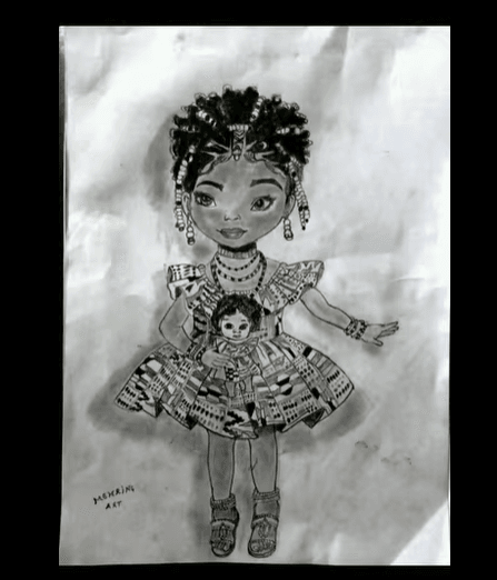 A detailed pencil drawing of a girl holding a doll